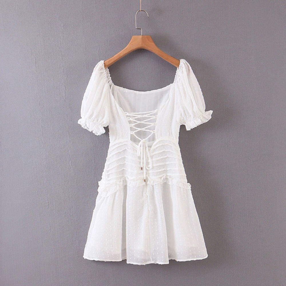 Spring Sweet Crinkle Backless Drawstring Dress